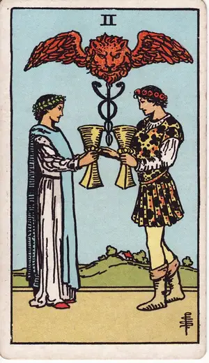 Карта Таро Двойка Кубков (Two of Cups), колода Райдера–Уэйта