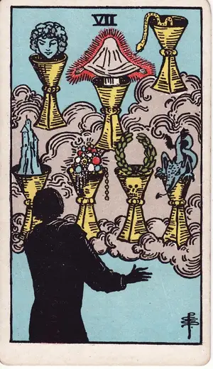 Карта Таро Семерка Кубков (Seven of Cups), колода Райдера–Уэйта