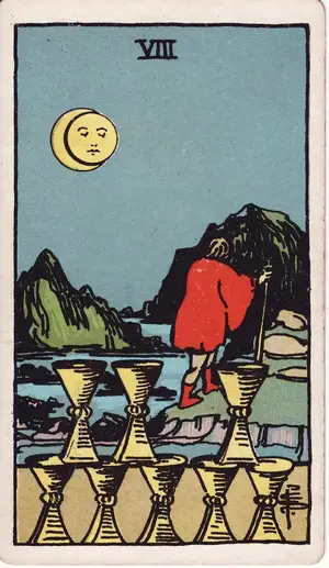 Карта Таро Восьмерка Кубков (Eight of Cups), колода Райдера–Уэйта