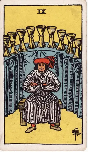 Карта Таро Девятка Кубков (Nine of Cups), колода Райдера–Уэйта