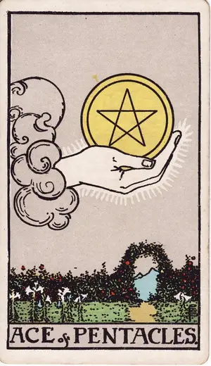 Карта Таро Туз Пентаклей (Ace of Pentacles), колода Райдера–Уэйта