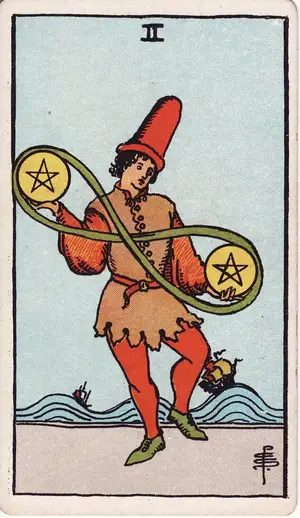 Карта Таро Двойка Пентаклей (Two of Pentacles), колода Райдера–Уэйта