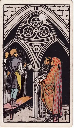 Карта Таро Тройка Пентаклей (Three of Pentacles), колода Райдера–Уэйта