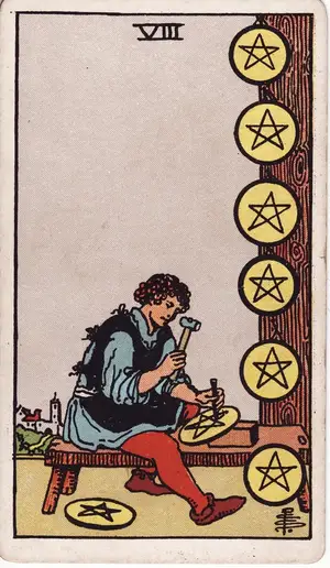 Карта Таро Восьмерка Пентаклей (Eight of Pentacles), колода Райдера–Уэйта