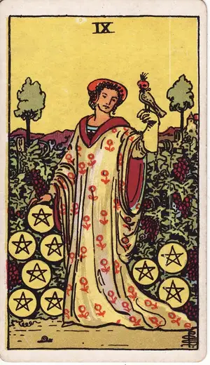 Карта Таро Девятка Пентаклей (Nine of Pentacles), колода Райдера–Уэйта
