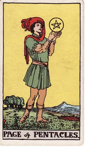 Карта Таро Паж Пентаклей (Page of Pentacles), колода Райдера–Уэйта