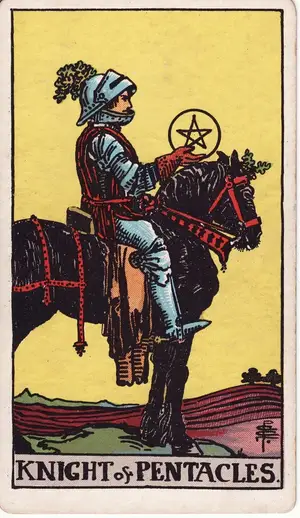 Карта Таро Рыцарь Пентаклей (Knight of Pentacles), колода Райдера–Уэйта