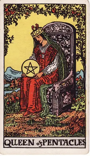 Карта Таро Королева Пентаклей (Queen of Pentacles), колода Райдера–Уэйта