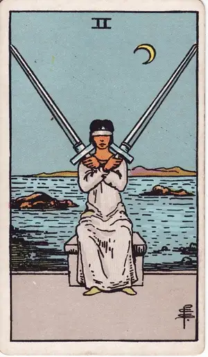 Карта Таро Двойка Мечей (Two of Swords), колода Райдера–Уэйта