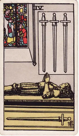 Карта Таро Четверка Мечей (Four of Swords), колода Райдера–Уэйта