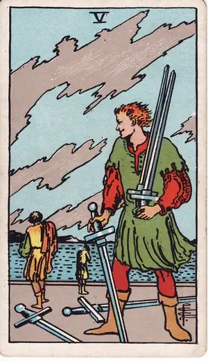 Карта Таро Пятерка Мечей (Five of Swords), колода Райдера–Уэйта