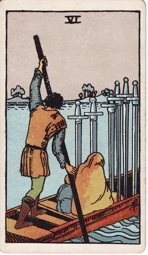 Карта Таро Шестерка Мечей (Six of Swords), колода Райдера–Уэйта