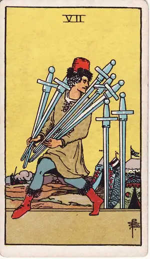 Карта Таро Семерка Мечей (Seven of Swords), колода Райдера–Уэйта