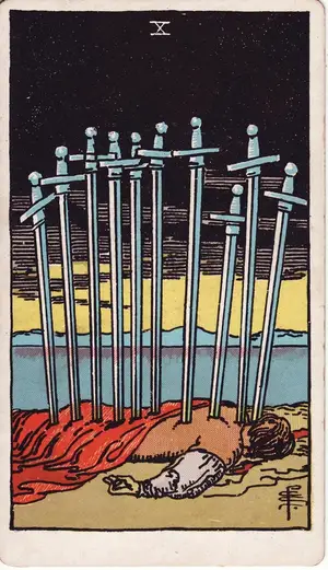 Карта Таро Десятка Мечей (Ten of Swords), колода Райдера–Уэйта