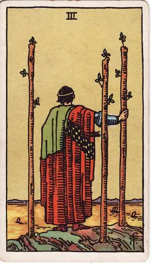 Карта Таро Тройка Жезлов (Three of Wands), колода Райдера–Уэйта