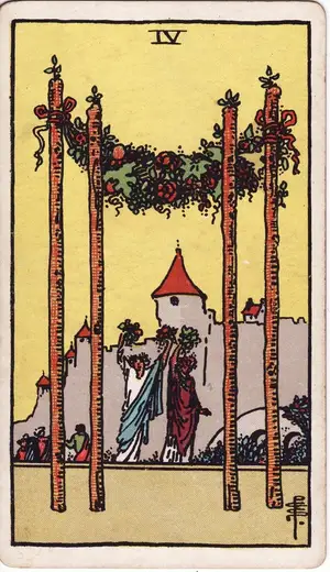 Карта Таро Четверка Жезлов (Four of Wands), колода Райдера–Уэйта