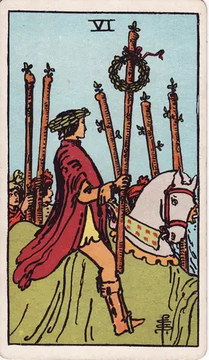 Карта Таро Шестерка Жезлов (Six of Wands), колода Райдера–Уэйта