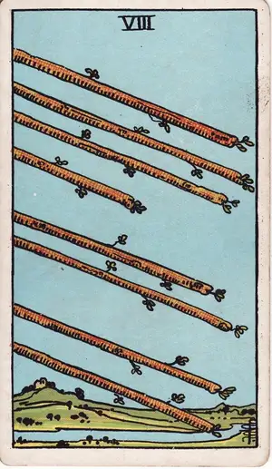 Карта Таро Восьмерка Жезлов (Eight of Wands), колода Райдера–Уэйта