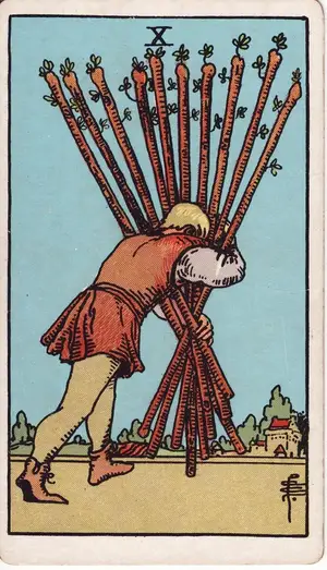 Карта Таро Десятка Жезлов (Ten of Wands), колода Райдера–Уэйта